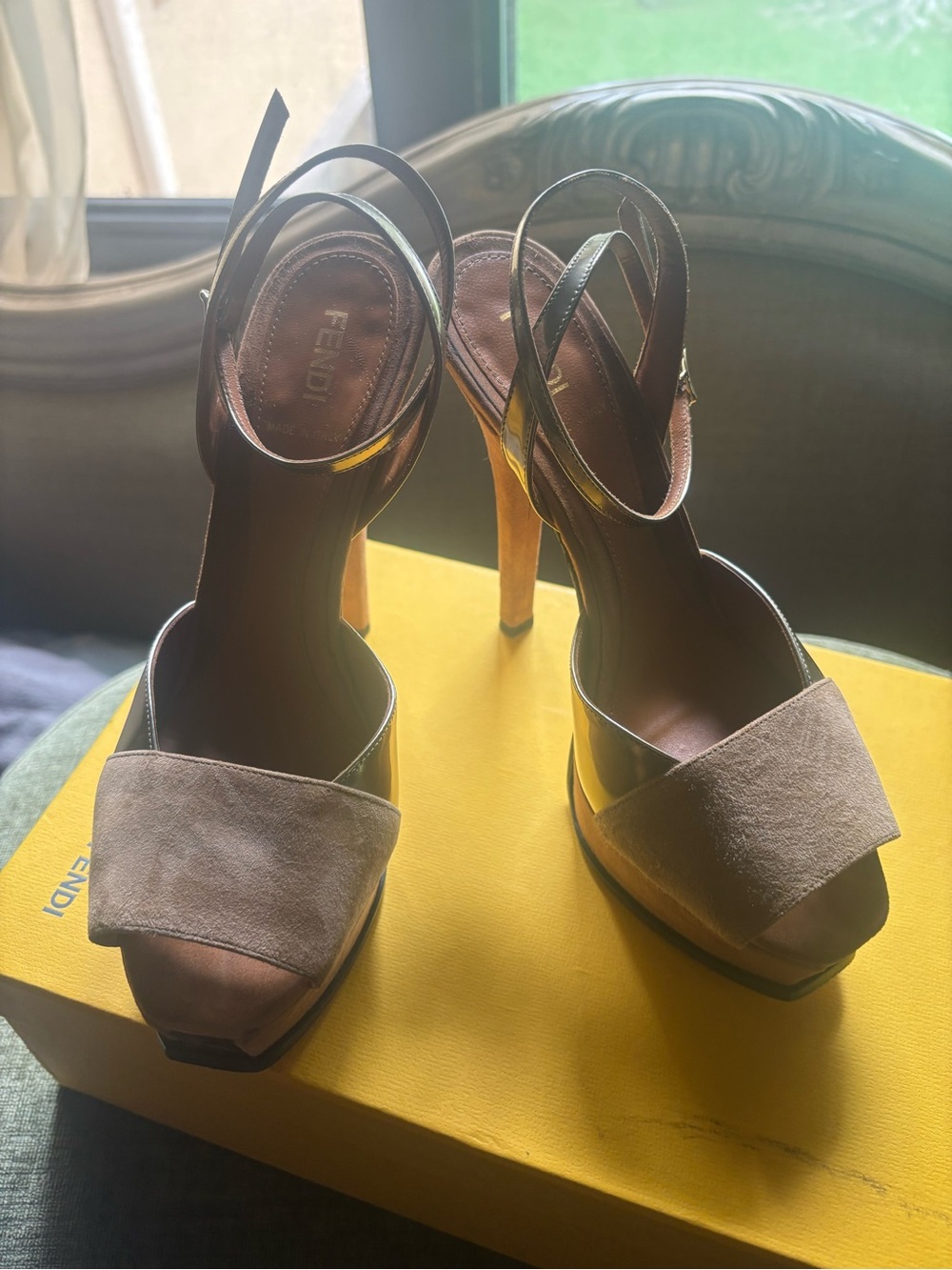 Fendi Tan Suede Platform Sandals with Gold Accents - Picture 3 of 7